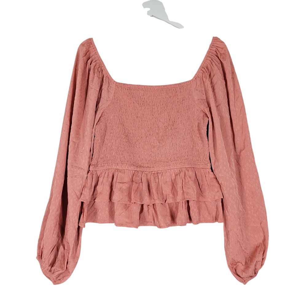 Altar'd State Smocked Peplum Top Womens Medium Pink Peach Long Sleeve‎ Textured